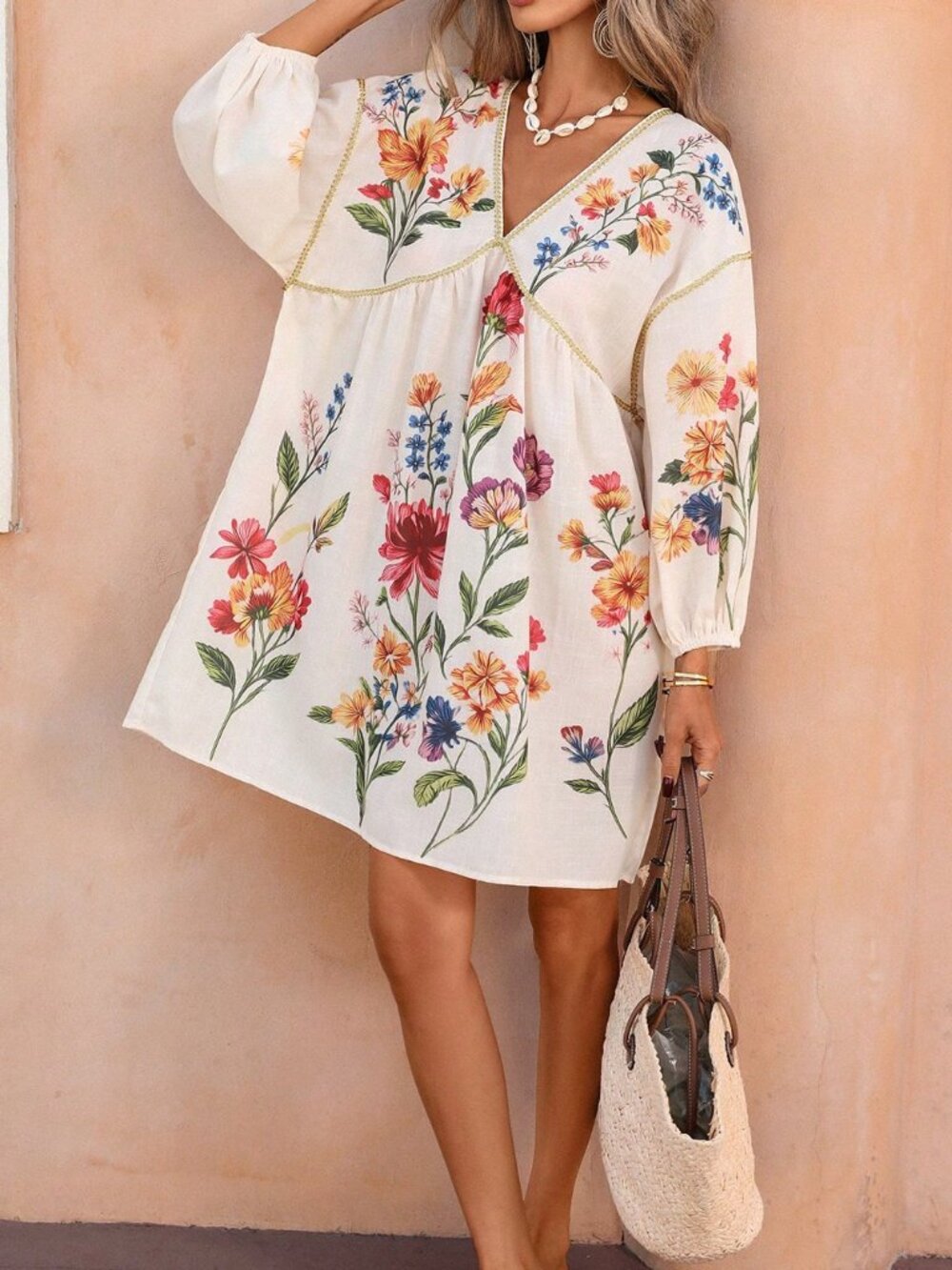 Multicolor Boho Women's V-Neck Dress with Bubble Sleeves and Ribbon Trim - Picture 3 of 6